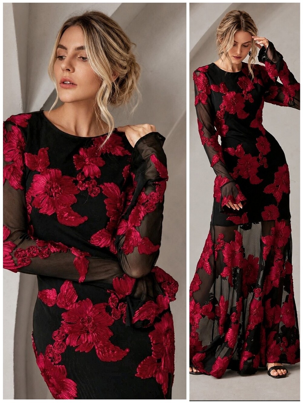 New Luxe Floral Applique Mermaid Dress Bodycon Long Sleeve Black Red